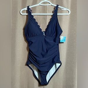 NWT Draper James Double Scalloped Small Blue Halter V-Neck One Piece Swimsuit